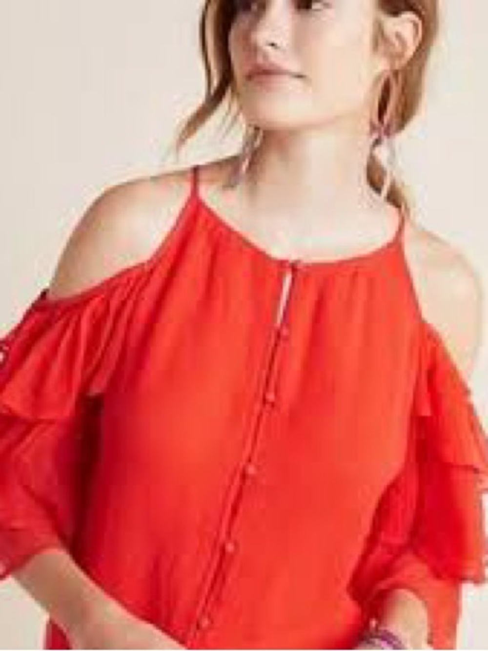 Maeve Red Cold-Shoulder Ruffle Button-Front Blouse